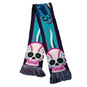 Colorful Sugar Skull Baseball Scarf with Fringe Muffler Teal Purple Pink 57"